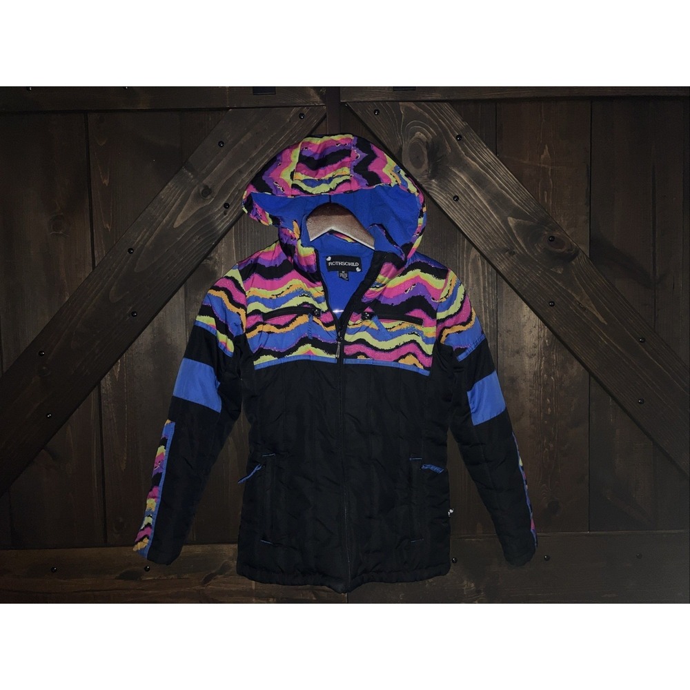 Girls Rothschild Hooded Winter Jacket M (10/12) Black With Neon Stripes